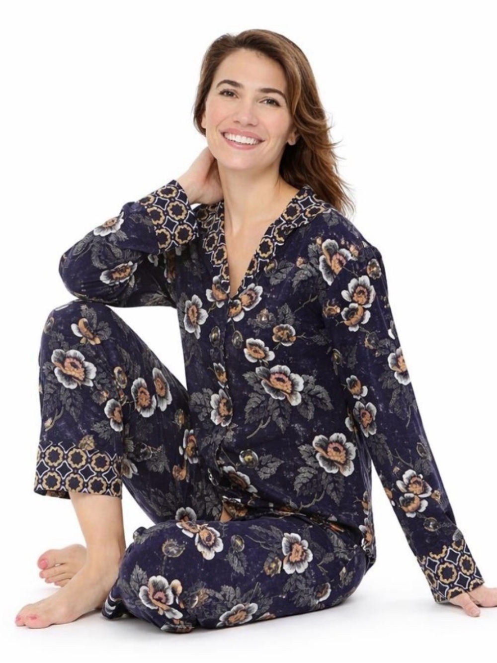 Vera Bradley Women's 100% Cotton Navy Floral Pajama Set Long Sleeve Button Small